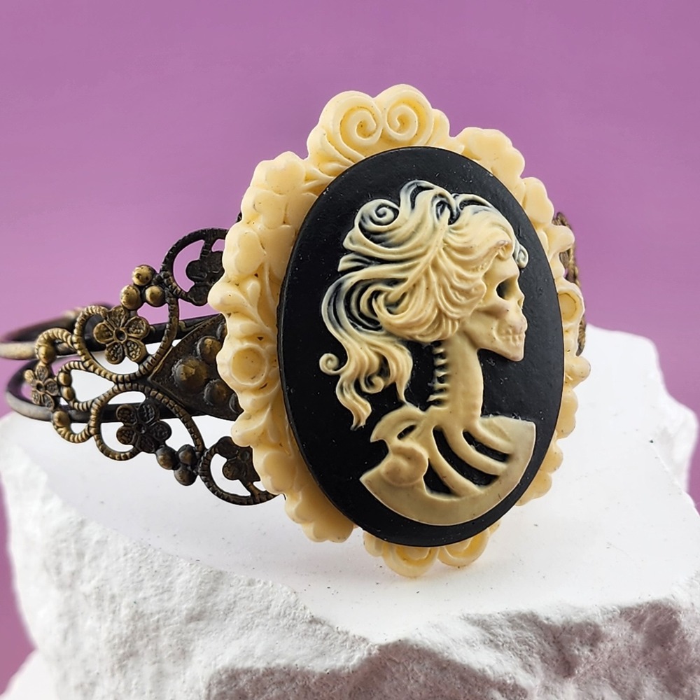 Skeleton Lady Cameo Cuff Bracelet Black Resin Antique Bronze Tone Gothic Floral